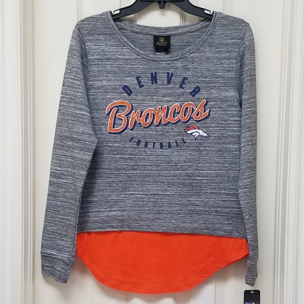 Denver Broncos Gray Space Dye Sweatshirt Style Attached Shirt Tail Layer Look L